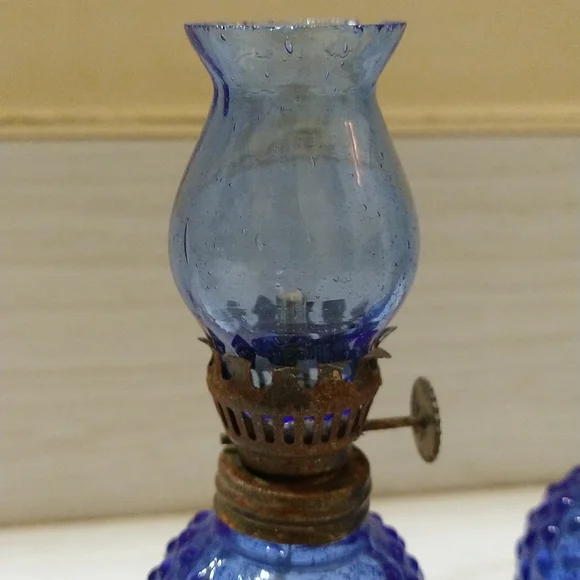 Vintage Mini Cobalt Blue Hobnail Oil Lamp with Hand Blown Chimney - Picture 3 of 5